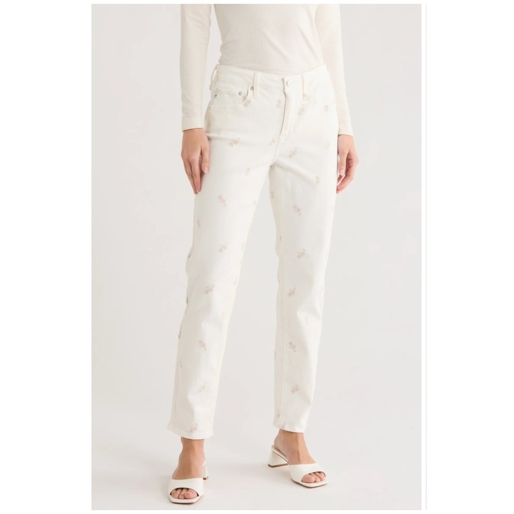 Seven7‎ White Floral Embroidered Straight Leg Jeans Stretch Denim Ankle Size 10